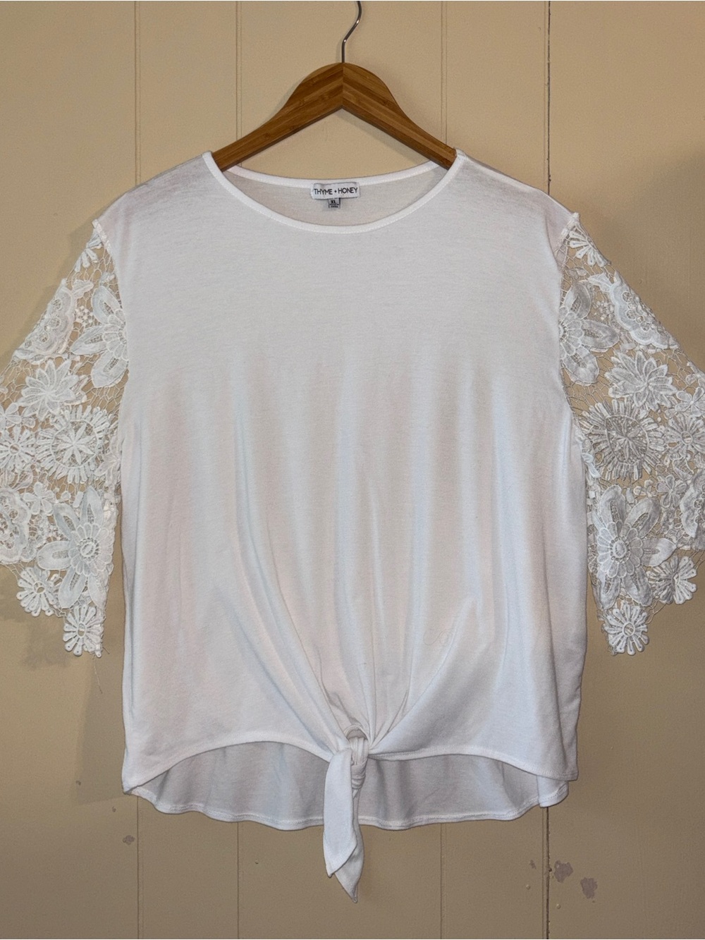 White Lace-Sleeve Tie-Front Women's Top